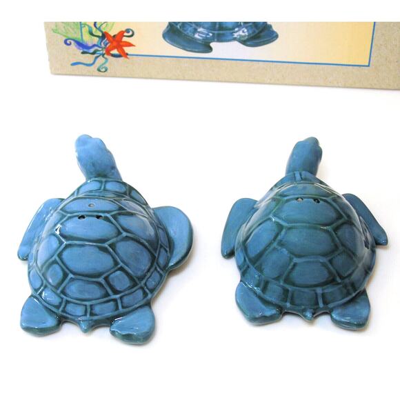 Sea Turtle Salt & Pepper Shakers 4" Ceramic Figurines Nautical Ocean Decor Box - Picture 7 of 9